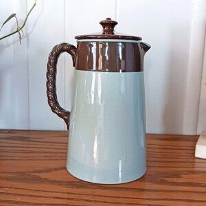 Vtg Earthenware Teal/Brown Coffee Pot w/Lid Applied Braided Handle England RARE